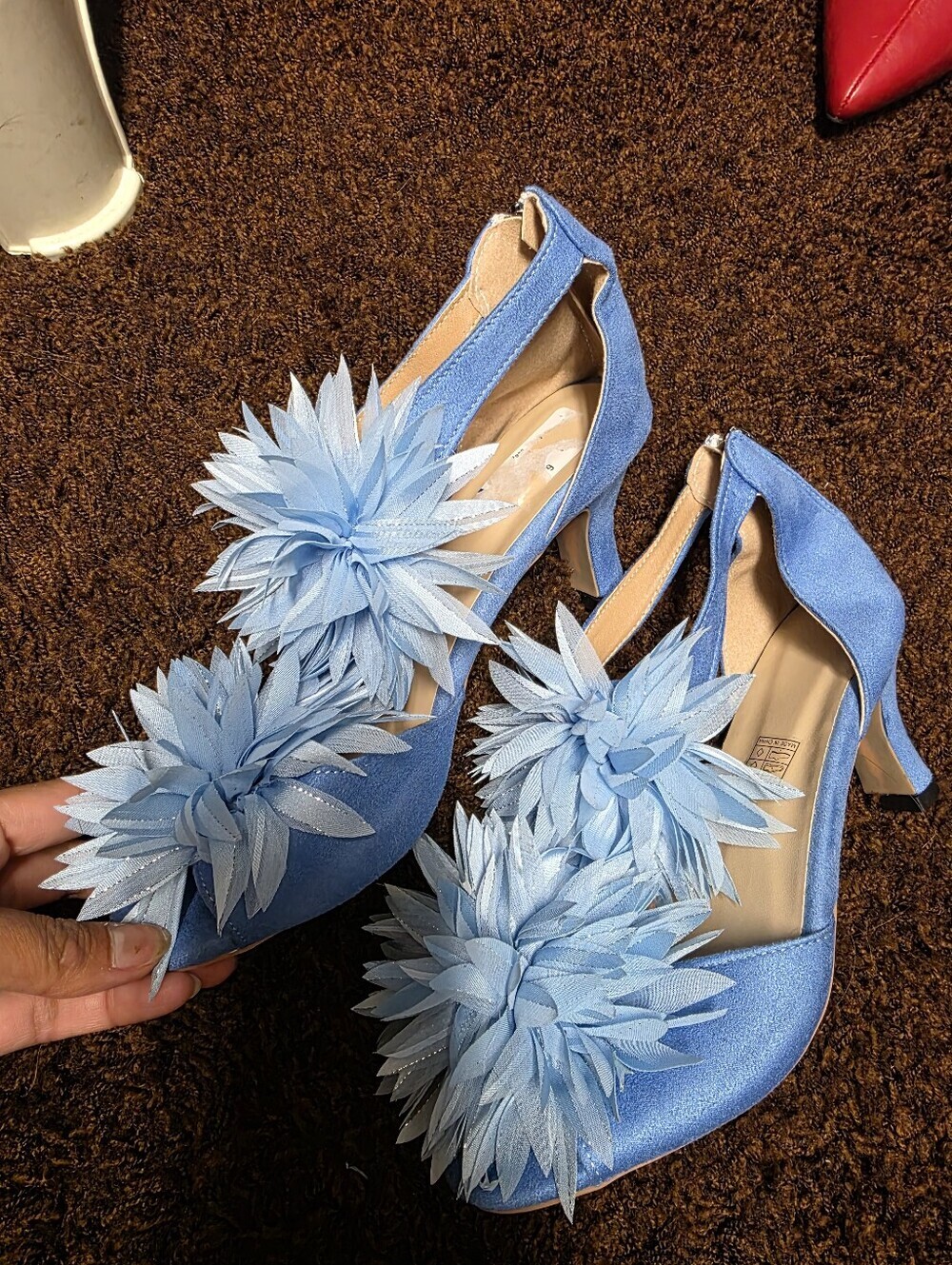 Light Blue Floral Satin Heel Pumps for Women